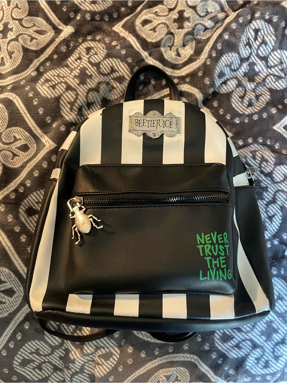 Beetlejuice Black & White Striped Mini Backpack with Green Accent